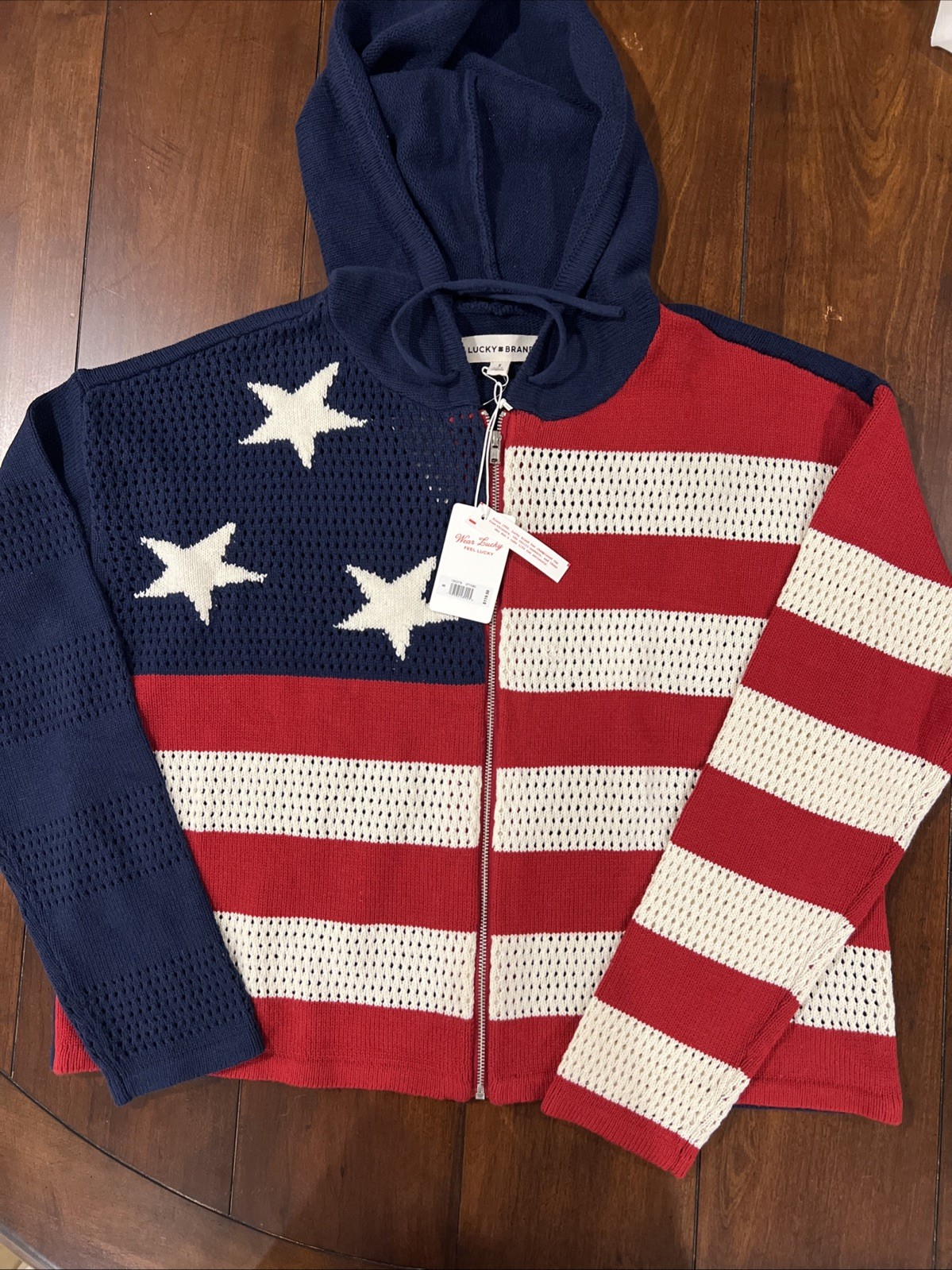 NWT Lucky Brand American Flag  Knit Zip Hoodie Sweater Small
