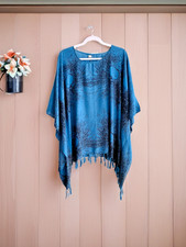 0010/ Dark Blue and Black Poncho with root pattern , Short Kaftan, Loose top