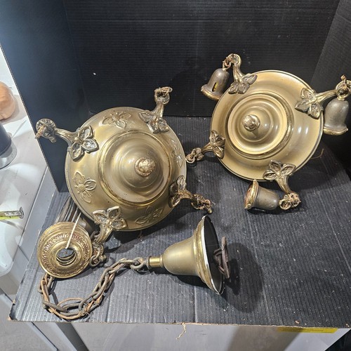 PAIR Antique Brass Pan Fixture 4 Light Chandelier fixture Victorian