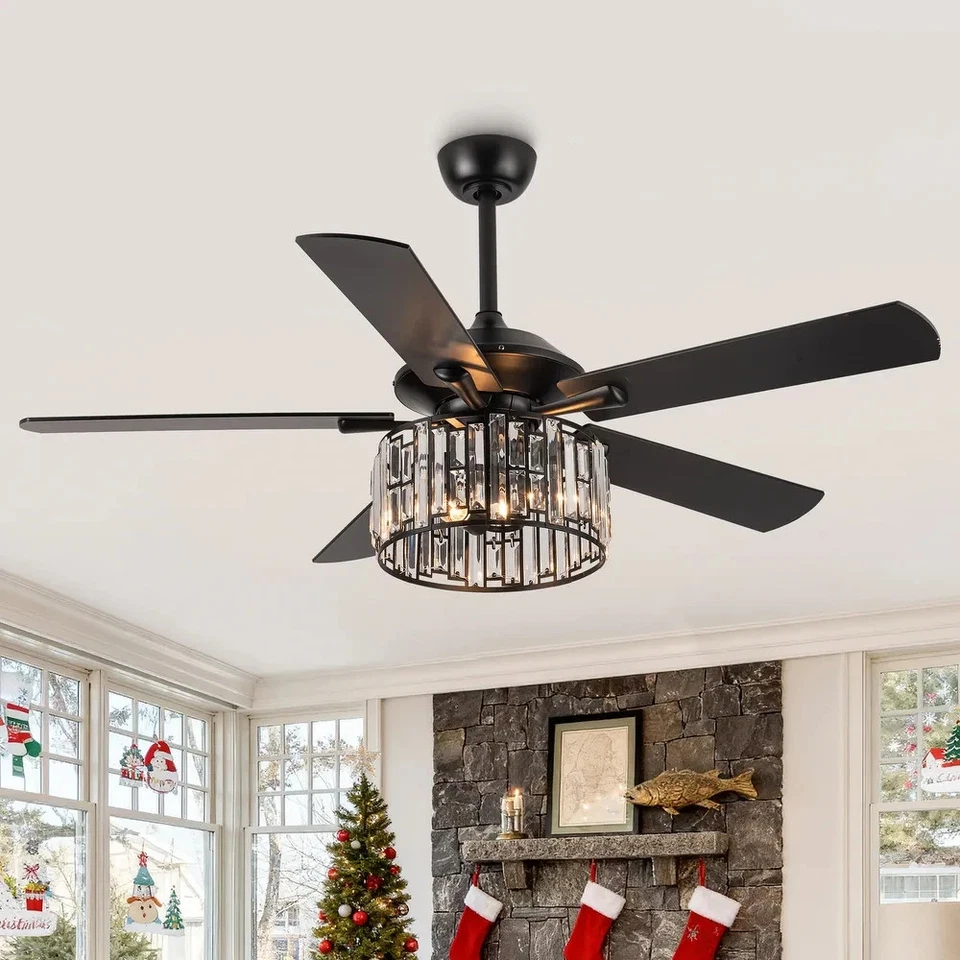 Candelabro Parrot Uncle 52" madeira preta cristal moderno ventilador de teto interno - Imagem 4 de 4