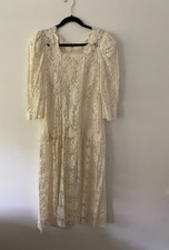 Vintage 1980s Cream Sheer Lace Pearl Puff Sleeve Drop Waist Wedding Gown 14