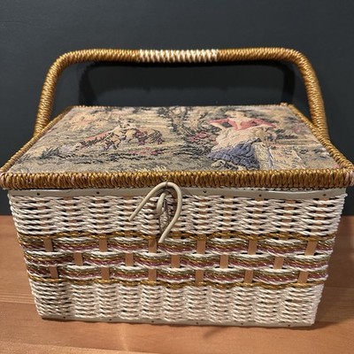 Vtg Singer Sewing Basket Tapestry Lid Wicker Box Made in Japan