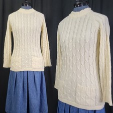 Vintage Cream Cable Knit Sweater w Zip Neck Front Patch Pockets Size S