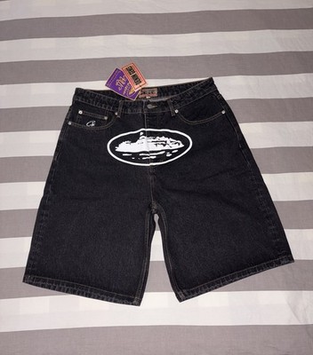 Corteiz Alcatraz Baggy Denim Shorts In Washed Black Size 34 Brand