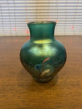 VTG Green Iridescent Abstract Art Glass Vase 5.75"H SIGNED
