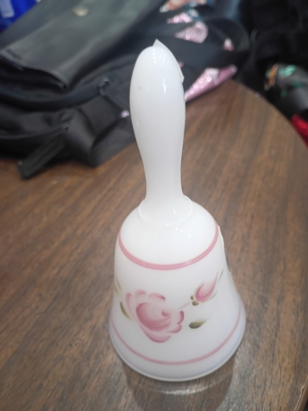Fenton w Label White Milk Glass Hand Painted Rose Flowers Bell / Signed Waters