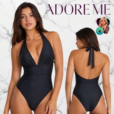 Adore Me Silvia Halter One Piece Swimsuit Jet Black Plunge Neck Size Medium NEW