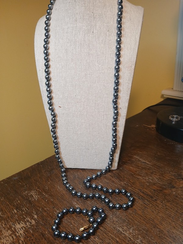 Vtg Long Faux Black Pearl Necklace+ Bracelet W Box Clasp Knotted Matching Set