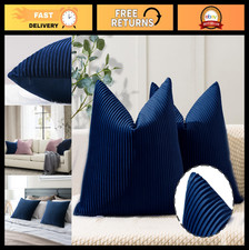 Navy Blue Velvet Pillow Covers 18x18 - Set of 2 Soft Striped Decorative Cushions