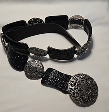 VTG Fossil Embossed Filigree Concho Medallion Leather Belt Black Size L Boho Y2K