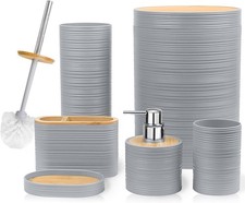 6-Piece Bamboo Bathroom Accessories Set, Gray, Soap Dispenser  Toothbrush Holde