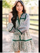 Entro Bohemian Floral Peasant Green Velvet Trim Flowy Babydoll Dress Size M