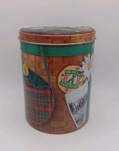 Girl Scout Cookie Tin Backpack w/Green Nylon Straps ~ Senior Roundup Patches