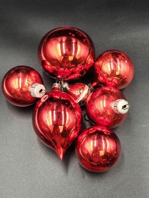 7 Vintage Christbaumkugeln aus Glas, rot, deutsch, tschechisch 