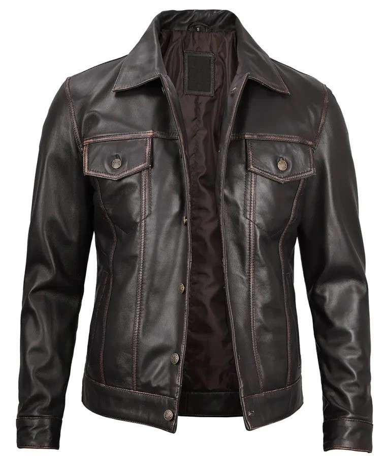 Brown lambskin Leather vintage style Trucker Jacket For Men | eBay