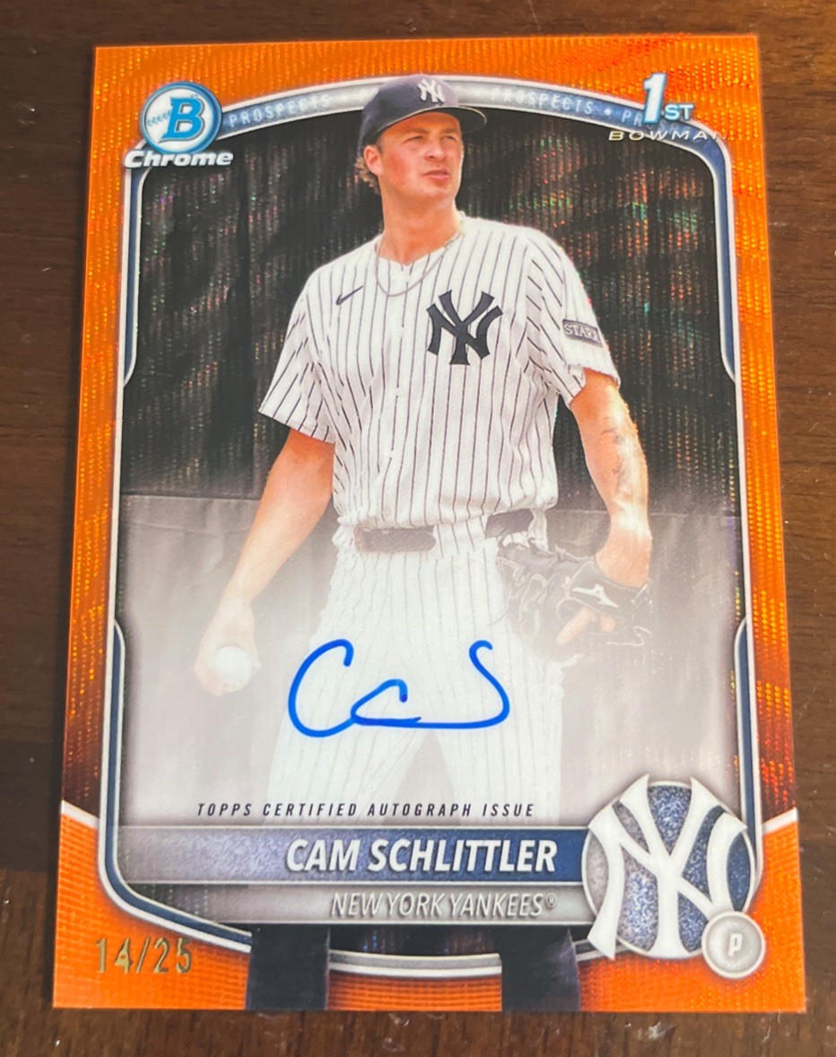 CAM SCHLITTLER 2025 Bowman Chrome 1st Prospect Orange Wave Auto #14/25 YANKEES