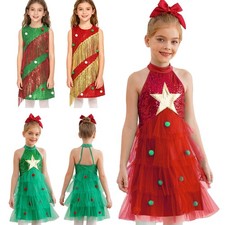 Girls Sleeveless Sequins Tassels Dance Tutu Dress Christmas Tree Cosplay Costume