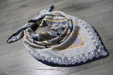 Lightweight Silk Accent Head Scarf 34" Square Navy Blue Gold Paisley Floral