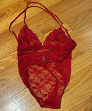 Victoria's Secret Red Floral Lace Semi-Transparent Strap Bodysuit, XS