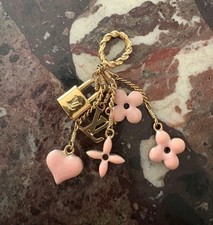 Louis Vuitton Monogram Heart Flower Pink Enamel Keychain Bag Charm USED w/Pouch