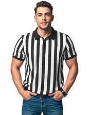 Men's Referee Shirt Short Sleeve Black and White Stripes Football Costume Size L