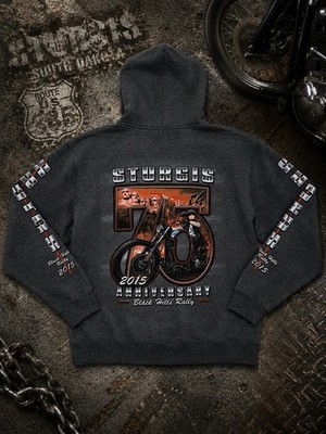 Sturgis 75th Anniversary Black Hills Rally 2015 Full Zip Hoodie Mens XXL Gray