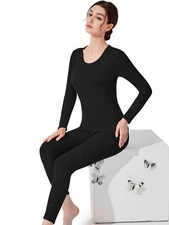 Women's Cashmere Lined Silk Long Johns & Pants Warm Pajama Set Underwear Set