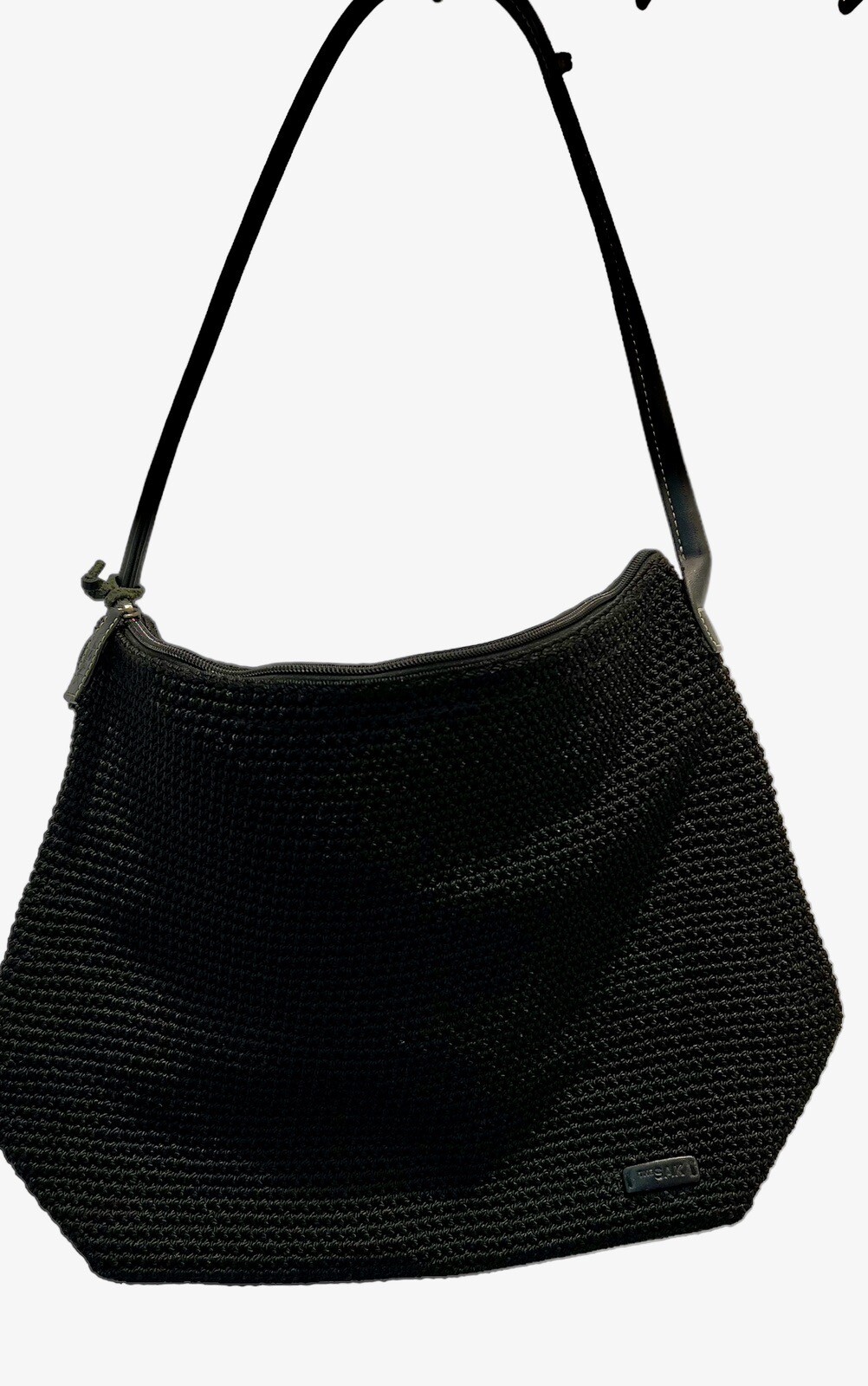 The Sak Elliott Lucca Crochet Shoulder Bag Black Purse 2 Leather Base Supports