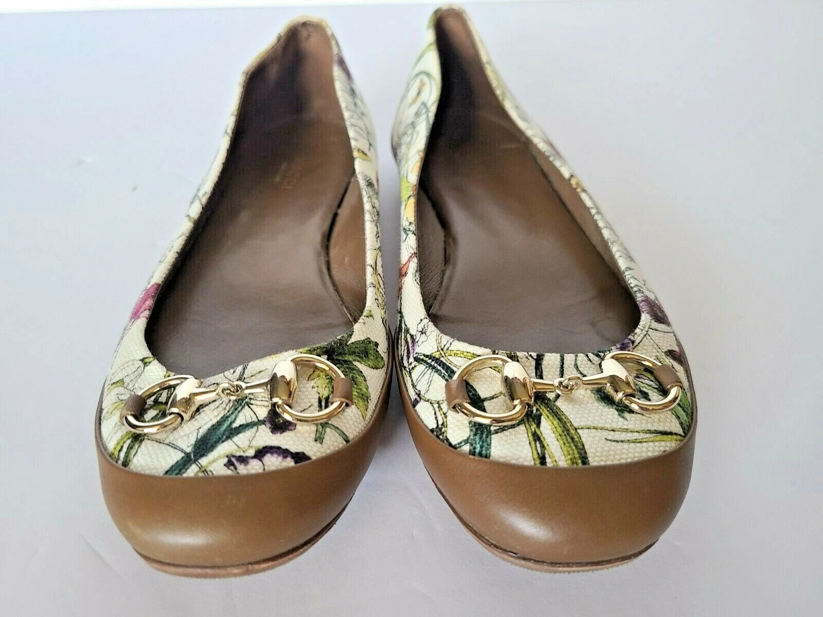Escarpins ballerines plates Gucci Flora imprimé Horsebit toile cuir / US 8