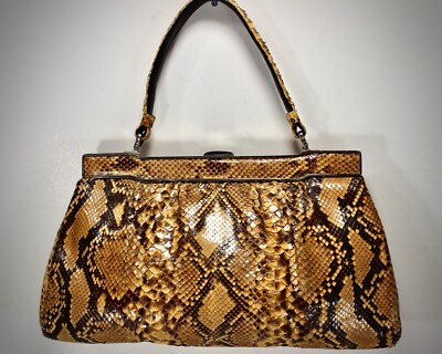 Genuine Python Snake Light Brown Metal Frame Hand Bag Top Handle