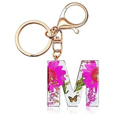 Initial Letter Butterfly Flower Pink Keychain Birthday gifts for Women M-pink