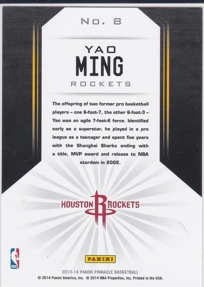Tarjeta insertada YAO MING Pinnacle Basketball THE NATURALS HOUSTON ROCKETS HOFer! Foto 2 de 2