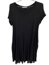 Uge Short Sleeve Shirt Dress Size Medium A Line Travel Solid Black Rayon Stretch
