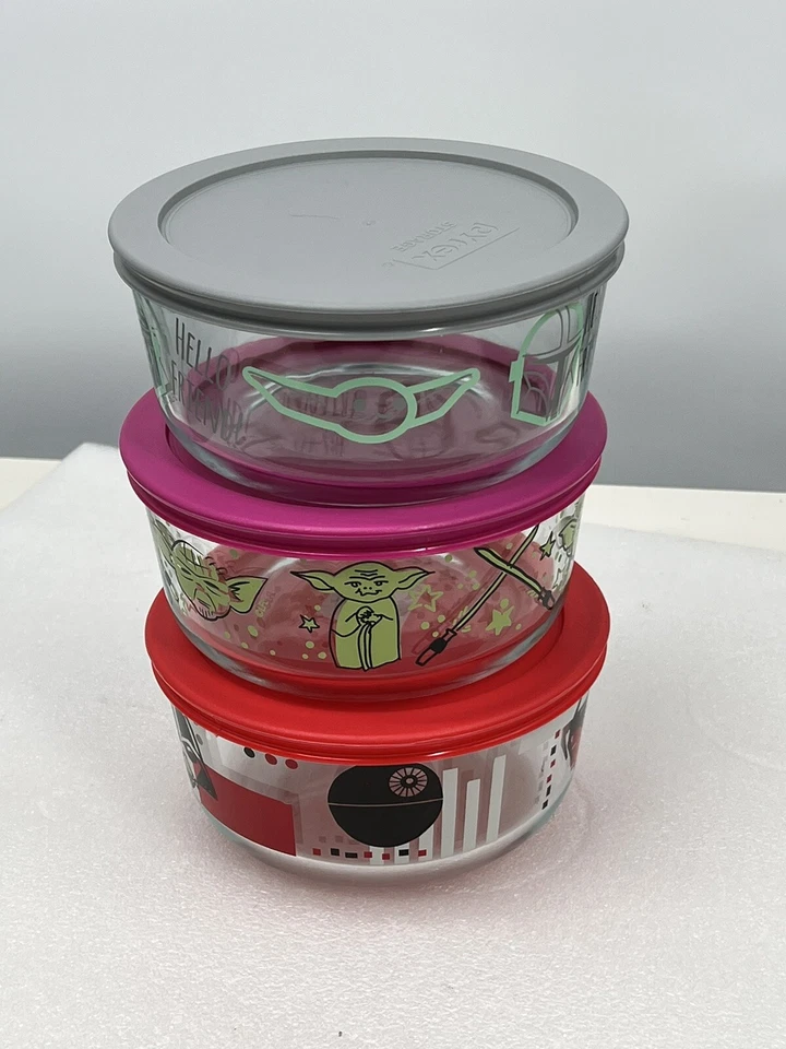 3 ct Lot Pyrex Star Wars Glass 4-Cup Storage Bowl Container Dish Yoda Lightsaber - Image 2 of 4