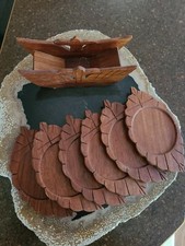 Vintage Coasters Mahogany 6 Hand Made Wood With Holder 5-1/2" x 3" Leaf Pattern