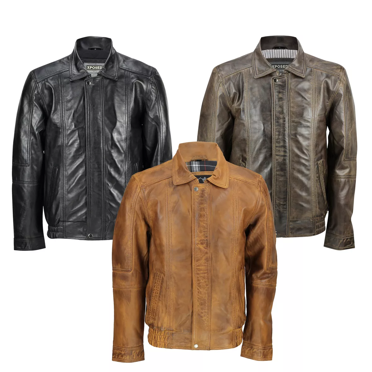 Mens Real Leather Vintage Classic Blouson Collar Bomber Jacket Black Tan  Brown