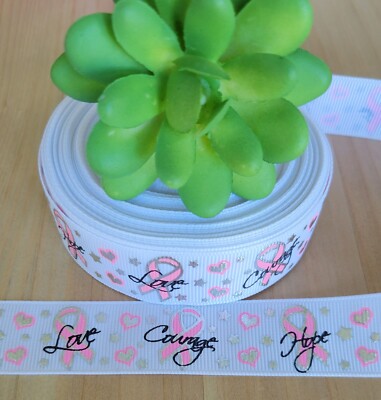 7/8 Inch (1 YD) Breast Cancer Grosgrain Ribbon Cancer Awareness Love Hope Care