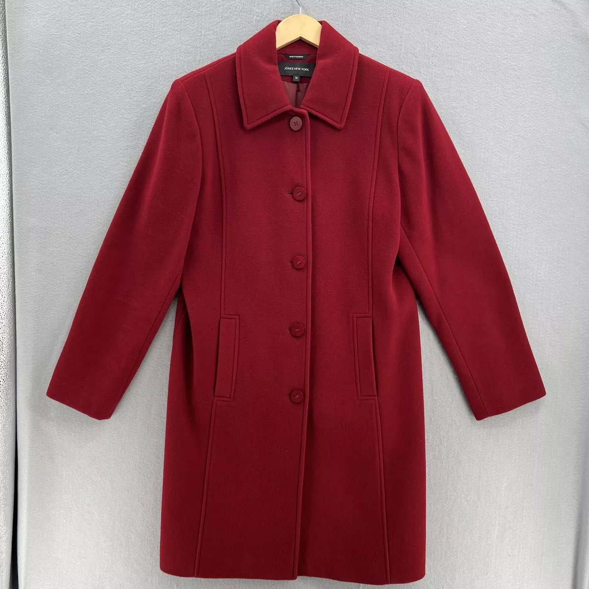 Jones New York Womens Wool Blend Deep Wine Red Coat Size 16 Mid Length