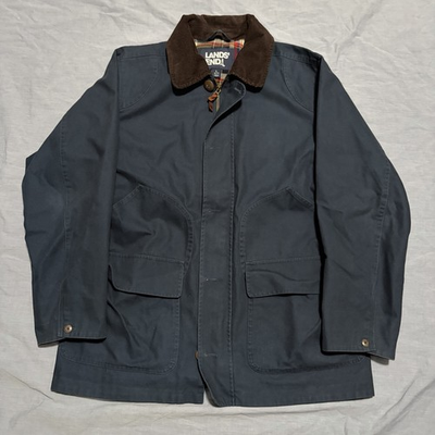 #ad Lands End Jacket Mens Large Blue Chore Barn Coat Corduroy Collar Flannel Lined $59.95