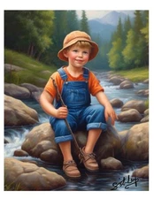 Original Art Print LITTLE BOY FISHING Child Boy Stream ACEO Landscape 2.5x3.5