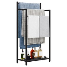 Freestanding Towel Rack, 3 Tier Blanket Ladder Stand with Black Wooden Shelf ...