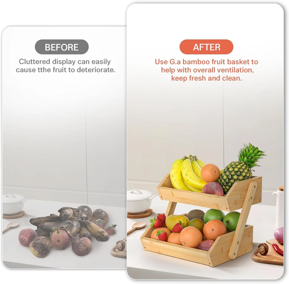 Cesta de frutas de bambú de 2 niveles soporte mostrador de cocina organizador de almacenamiento bandeja para verduras Foto 4 de 4