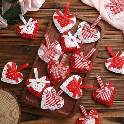 24 Pcs Valentine's Day Felt Heart Ornaments Quilted Heart Ornaments with Bow ...