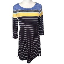 T by Talbots Dress Women's Petite Small Blue Yellow Striped Boatneck 3/4 Sleeve