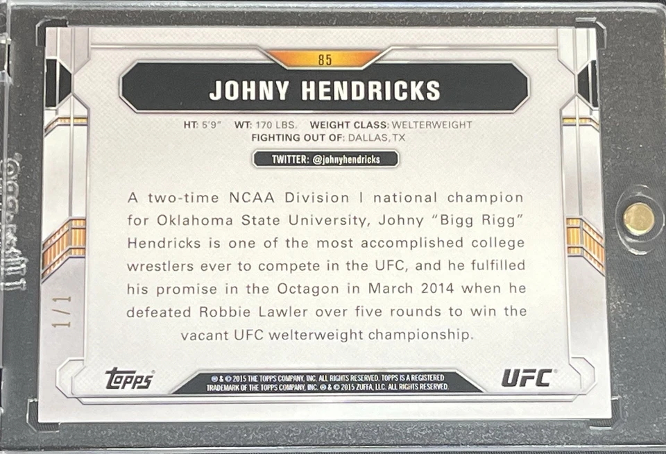 2015 Johny Hendricks UFC Topps Chronicles UFC Champion #85 Sepia Gold True #1/1 - Image 2 of 3