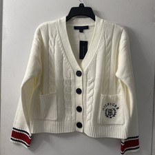 Tommy Hilfiger Sweater Women Cable Knit V Neck Cardigan Ivory J52X0721 Sz S NWT