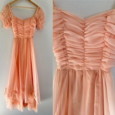 Vintage 70s Peach Chiffon Southern Belle Gown Maxi dress XS/S Read 