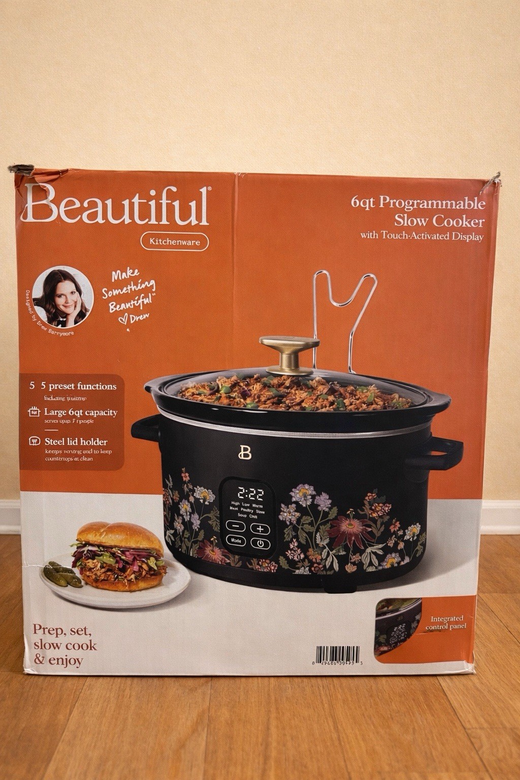 Beautiful Wildflower Black 6qt Programmable Slow Cooker Touch-Activated Display