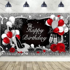 Silver and Black Happy Birthday Backdrop Happy Birthday Banner Red Large Sequ...