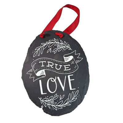 True Love Slate Hanging Wall Decor Charcoal Gray White Writing Red Ribbon Oval